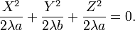 {\frac  {X^{2}}{2\lambda a}}+{\frac  {Y^{2}}{2\lambda b}}+{\frac  {Z^{2}}{2\lambda a}}=0.