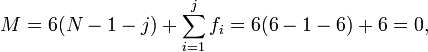 M=6(N-1-j)+\sum _{{i=1}}^{j}f_{i}=6(6-1-6)+6=0,