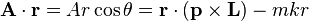 {\mathbf  {A}}\cdot {\mathbf  {r}}=Ar\cos \theta ={\mathbf  {r}}\cdot \left({\mathbf  {p}}\times {\mathbf  {L}}\right)-mkr