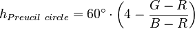 h_{{Preucil\ circle}}=60^{{\circ }}\cdot \left(4-{\frac  {G-R}{B-R}}\right)