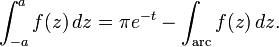 \int _{{-a}}^{a}f(z)\,dz=\pi e^{{-t}}-\int _{{{\mathrm  {arc}}}}f(z)\,dz.