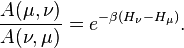 {\frac  {A(\mu ,\nu )}{A(\nu ,\mu )}}=e^{{-\beta (H_{\nu }-H_{\mu })}}.