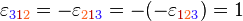 \varepsilon _{{\color {Violet}{3}\color {BrickRed}{1}\color {Orange}{2}}}=-\varepsilon _{{\color {Orange}{2}\color {BrickRed}{1}\color {Violet}{3}}}=-(-\varepsilon _{{\color {BrickRed}{1}\color {Orange}{2}\color {Violet}{3}}})=1