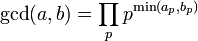 \gcd(a,b)=\prod _{p}p^{{\min(a_{p},b_{p})}}\;