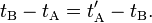 t_{{\text{B}}}-t_{{\text{A}}}=t'_{{\text{A}}}-t_{{\text{B}}}{\text{.}}\,\!