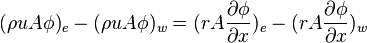 (\rho uA\phi )_{e}-(\rho uA\phi )_{w}=(rA{\frac  {\partial \phi }{\partial x}})_{e}-(rA{\frac  {\partial \phi }{\partial x}})_{w}