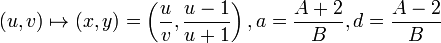 (u,v)\mapsto (x,y)=\left({\frac  {u}{v}},{\frac  {u-1}{u+1}}\right),a={\frac  {A+2}{B}},d={\frac  {A-2}{B}}