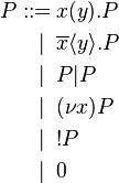 {\begin{aligned}P::=\,&x(y).P\,\,\,\\|\,\,\,&\overline {x}\langle y\rangle .P\,\,\,\\|\,\,\,&P|P\,\,\,\\|\,\,\,&(\nu x)P\,\,\,\\|\,\,\,&!P\,\,\,\\|\,\,\,&0\end{aligned}}