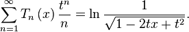 \sum \limits _{{n=1}}^{{\infty }}T_{{n}}\left(x\right){\frac  {t^{{n}}}{n}}=\ln {\frac  {1}{{\sqrt  {1-2tx+t^{{2}}}}}}.