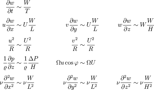 {\begin{aligned}{{\partial w} \over {\partial t}}&\sim {\frac  {W}{T}}\\[1.2ex]u{{\frac  {\partial w}{\partial x}}}&\sim U{\frac  {W}{L}}&\qquad v{{\frac  {\partial w}{\partial y}}}&\sim U{\frac  {W}{L}}&\qquad w{{\frac  {\partial w}{\partial z}}}&\sim W{\frac  {W}{H}}\\[1.2ex]{{\frac  {u^{2}}{R}}}&\sim {\frac  {U^{2}}{R}}&\qquad {{\frac  {v^{2}}{R}}}&\sim {\frac  {U^{2}}{R}}\\[1.2ex]{\frac  {1}{\varrho }}{\frac  {\partial p}{\partial z}}&\sim {\frac  {1}{\varrho }}{\frac  {\Delta P}{H}}&\qquad \Omega u\cos \varphi &\sim \Omega U\\[1.2ex]\nu {\frac  {\partial ^{2}w}{\partial x^{2}}}&\sim \nu {\frac  {W}{L^{2}}}&\qquad \nu {\frac  {\partial ^{2}w}{\partial y^{2}}}&\sim \nu {\frac  {W}{L^{2}}}&\qquad \nu {\frac  {\partial ^{2}w}{\partial z^{2}}}&\sim \nu {\frac  {W}{H^{2}}}\end{aligned}}