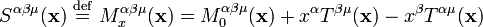 S^{{\alpha \beta \mu }}({\mathbf  {x}})\ {\stackrel  {{\mathrm  {def}}}{=}}\ M_{x}^{{\alpha \beta \mu }}({\mathbf  {x}})=M_{0}^{{\alpha \beta \mu }}({\mathbf  {x}})+x^{\alpha }T^{{\beta \mu }}({\mathbf  {x}})-x^{\beta }T^{{\alpha \mu }}({\mathbf  {x}})