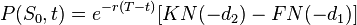 P(S_{0},t)=e^{{-r(T-t)}}[KN(-d_{2})-FN(-d_{1})]\,