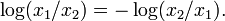 \log(x_{1}/x_{2})=-\log(x_{2}/x_{1}).\,