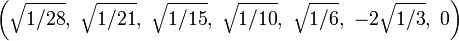 \left({\sqrt  {1/28}},\ {\sqrt  {1/21}},\ {\sqrt  {1/15}},\ {\sqrt  {1/10}},\ {\sqrt  {1/6}},\ -2{\sqrt  {1/3}},\ 0\right)