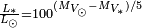 \scriptstyle {\frac  {L_{\ast }}{L_{{\odot }}}}=100^{{(M_{{V_{\odot }}}-M_{{V_{\ast }}})/5}}