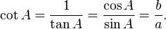 \cot A={\frac  {1}{\tan A}}={\frac  {\cos A}{\sin A}}={\frac  {b}{a}}.