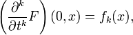 \displaystyle {\left({\frac  {\partial ^{k}}{\partial t^{k}}}F\right)(0,x)=f_{k}(x),}