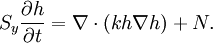 S_{y}{\frac  {\partial h}{\partial t}}=\nabla \cdot (kh\nabla h)+N.