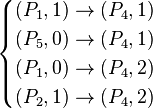 {\begin{cases}(P_{1},1)\to (P_{4},1)\\(P_{5},0)\to (P_{4},1)\\(P_{1},0)\to (P_{4},2)\\(P_{2},1)\to (P_{4},2)\end{cases}}