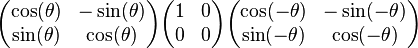 {\begin{pmatrix}\cos(\theta )&-\sin(\theta )\\\sin(\theta )&\cos(\theta )\end{pmatrix}}{\begin{pmatrix}1&0\\0&0\end{pmatrix}}{\begin{pmatrix}\cos(-\theta )&-\sin(-\theta )\\\sin(-\theta )&\cos(-\theta )\end{pmatrix}}