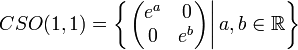 CSO(1,1)=\left\{\left.{\begin{pmatrix}e^{a}&0\\0&e^{b}\end{pmatrix}}\right|a,b\in {\mathbb  {R}}\right\}