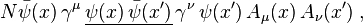 N{\bar  \psi }(x)\,\gamma ^{\mu }\,\underline {\psi (x)\,{\bar  \psi }(x')}\,\gamma ^{\nu }\,\psi (x')\,A_{\mu }(x)\,A_{\nu }(x')\;,