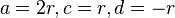 a=2r,c=r,d=-r\,\!