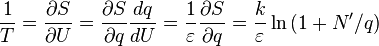 {1 \over T}={\partial S \over \partial U}={\partial S \over \partial q}{dq \over dU}={1 \over \varepsilon }{\partial S \over \partial q}={k \over \varepsilon }\ln \left(1+N^{{\prime }}/q\right)