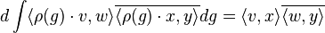 d\int \langle \rho (g)\cdot v,w\rangle \overline {\langle \rho (g)\cdot x,y\rangle }dg=\langle v,x\rangle \overline {\langle w,y\rangle }