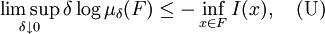 \limsup _{{\delta \downarrow 0}}\delta \log \mu _{{\delta }}(F)\leq -\inf _{{x\in F}}I(x),\quad {\mbox{(U)}}