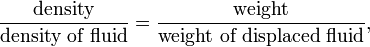 {\frac  {{\text{density}}}{{\text{density of fluid}}}}={\frac  {{\text{weight}}}{{\text{weight of displaced fluid}}}},\,