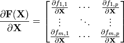 {\frac  {\partial {\mathbf  F}({\mathbf  X})}{\partial {\mathbf  {X}}}}={\begin{bmatrix}{\frac  {\partial f_{{1,1}}}{\partial {\mathbf  X}}}&\cdots &{\frac  {\partial f_{{1,p}}}{\partial {\mathbf  X}}}\\\vdots &\ddots &\vdots \\{\frac  {\partial f_{{m,1}}}{\partial {\mathbf  X}}}&\cdots &{\frac  {\partial f_{{m,p}}}{\partial {\mathbf  X}}}\\\end{bmatrix}}