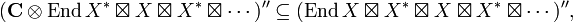 ({\mathbf  {C}}\otimes {\mathrm  {End}}\,X^{*}\boxtimes X\boxtimes X^{*}\boxtimes \cdots )^{{\prime \prime }}\subseteq ({\mathrm  {End}}\,X\boxtimes X^{*}\boxtimes X\boxtimes X^{*}\boxtimes \cdots )^{{\prime \prime }},