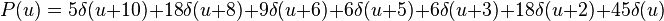 P(u)=5\delta (u+10)+18\delta (u+8)+9\delta (u+6)+6\delta (u+5)+6\delta (u+3)+18\delta (u+2)+45\delta (u)\,