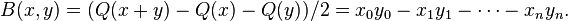 B(x,y)=(Q(x+y)-Q(x)-Q(y))/2=x_{0}y_{0}-x_{1}y_{1}-\cdots -x_{n}y_{n}.