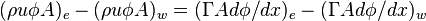 (\rho u\phi A)_{e}-(\rho u\phi A)_{w}=(\Gamma Ad\phi /dx)_{e}-(\Gamma Ad\phi /dx)_{w}