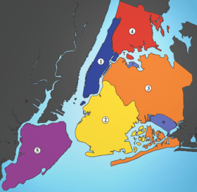 A map with five insular regions of different colors.