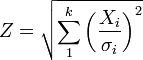 Z={\sqrt  {\sum _{1}^{k}\left({\frac  {X_{i}}{\sigma _{i}}}\right)^{2}}}