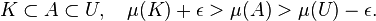 K\subset A\subset U,\quad \mu (K)+\epsilon >\mu (A)>\mu (U)-\epsilon .