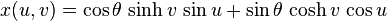 x(u,v)=\cos \theta \,\sinh v\,\sin u+\sin \theta \,\cosh v\,\cos u