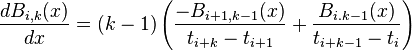 {\frac  {dB_{{i,k}}(x)}{dx}}=(k-1)\left({\frac  {-B_{{i+1,k-1}}(x)}{t_{{i+k}}-t_{{i+1}}}}+{\frac  {B_{{i.k-1}}(x)}{t_{{i+k-1}}-t_{i}}}\right)