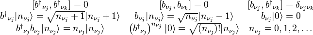 {\begin{matrix}[{b^{{\dagger }}}_{{\nu _{j}}},{b^{{\dagger }}}_{{\nu _{k}}}]=0&[b_{{\nu _{j}}},b_{{\nu _{k}}}]=0&[b_{{\nu _{j}}},{b^{{\dagger }}}_{{\nu _{k}}}]=\delta _{{\nu _{j}\nu _{k}}}\\{b^{{\dagger }}}_{{\nu _{j}}}|n_{{\nu _{j}}}\rangle ={\sqrt  {n_{{\nu _{j}}}+1}}|n_{{\nu _{j}}}+1\rangle &b_{{\nu _{j}}}|n_{{\nu _{j}}}\rangle ={\sqrt  {n_{{\nu _{j}}}}}|n_{{\nu _{j}}}-1\rangle &b_{{\nu _{j}}}|0\rangle =0\\{b^{{\dagger }}}_{{\nu _{j}}}b_{{\nu _{j}}}|n_{{\nu _{j}}}\rangle =n_{{\nu _{j}}}|n_{{\nu _{j}}}\rangle &\left({b^{{\dagger }}}_{{\nu _{j}}}\right)^{{n_{{\nu _{j}}}}}|0\rangle ={\sqrt  {(n_{{\nu _{j}}})!}}|n_{{\nu _{j}}}\rangle &n_{{\nu _{j}}}=0,1,2,\dots \\\end{matrix}}