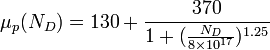 \mu _{p}(N_{D})=130+{\frac  {370}{1+({\frac  {N_{D}}{8\times 10^{{17}}}})^{{1.25}}}}