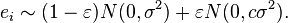 e_{i}\sim (1-\varepsilon )N(0,\sigma ^{2})+\varepsilon N(0,c\sigma ^{2}).