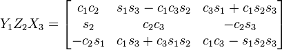 Y_{1}Z_{2}X_{3}={\begin{bmatrix}c_{1}c_{2}&s_{1}s_{3}-c_{1}c_{3}s_{2}&c_{3}s_{1}+c_{1}s_{2}s_{3}\\s_{2}&c_{2}c_{3}&-c_{2}s_{3}\\-c_{2}s_{1}&c_{1}s_{3}+c_{3}s_{1}s_{2}&c_{1}c_{3}-s_{1}s_{2}s_{3}\end{bmatrix}}