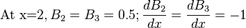 {\mbox{At x=2}},B_{2}=B_{3}=0.5;{\frac  {dB_{2}}{dx}}={\frac  {dB_{3}}{dx}}=-1