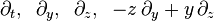 \partial _{t},\;\;\partial _{y},\;\;\partial _{z},\;\;-z\,\partial _{y}+y\,\partial _{z}