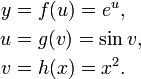 {\begin{aligned}y&=f(u)=e^{u},\\u&=g(v)=\sin v,\\v&=h(x)=x^{2}.\end{aligned}}