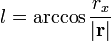 l=\arccos {r_{x} \over {{\mathbf  {\left|r\right|}}}}