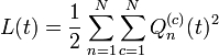 L(t)={\frac  {1}{2}}\sum _{{n=1}}^{N}\sum _{{c=1}}^{N}Q_{n}^{{(c)}}(t)^{2}